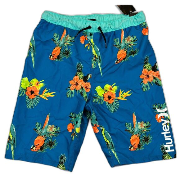New Hurley Boys Parrot Floral Swim Trunks Blue Boardshorts Swim Shorts XL - Picture 1 of 8
